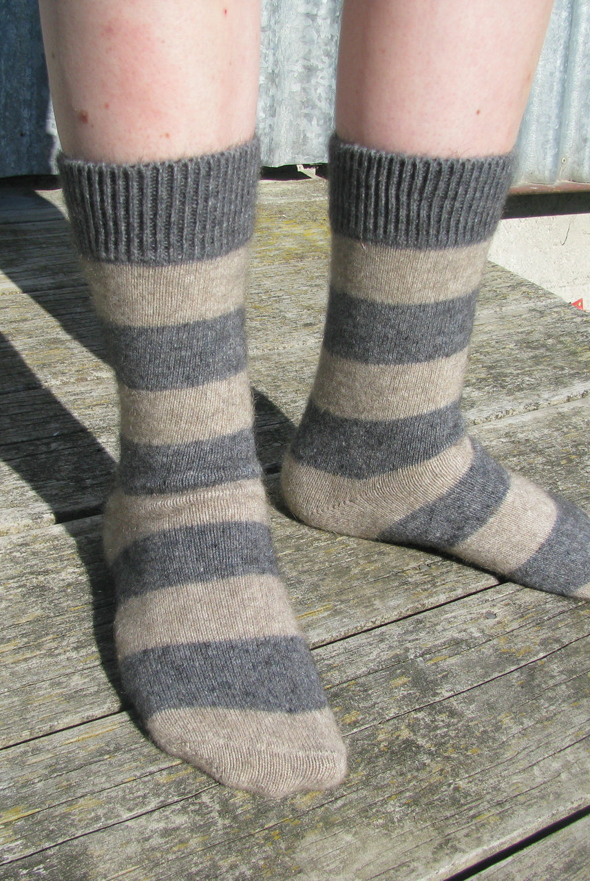 Striped Possum socks. Colour Riverstone/Natural
