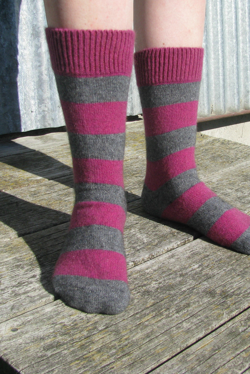 Striped Possum socks. Colour Fuschia/Riverstone