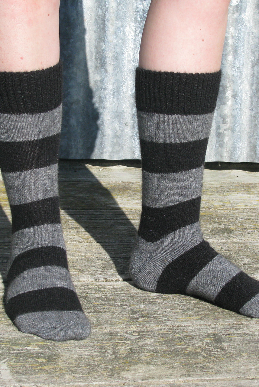 Striped Possum socks. Colour Black/Riverstone