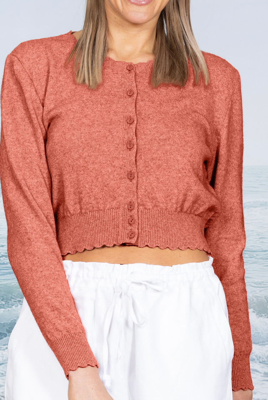 Scallop Crop Cardigan - Salmon