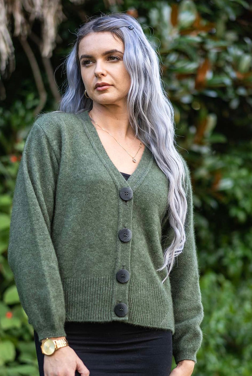 Koru - Merino & Possum V Neck Cardigan (Moss)