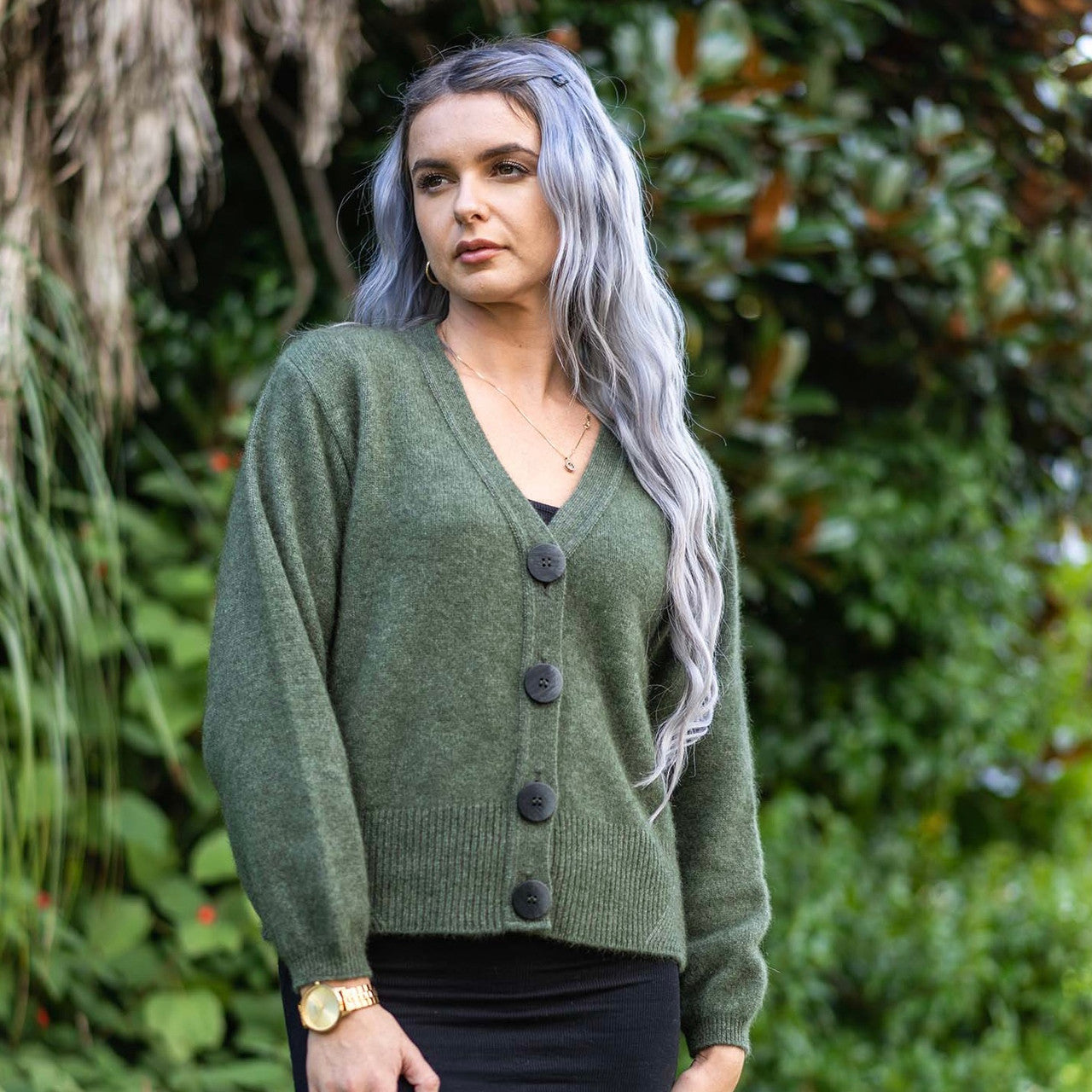 Koru - Merino & Possum V Neck Cardigan (Moss)