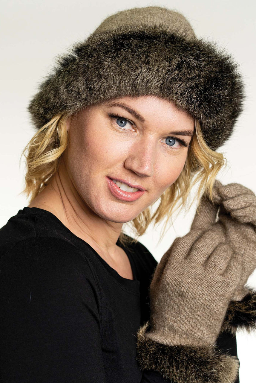Koru Merino-Possum Fur Trim Beanie. (KO200) in mocha shown with Koru fur trimmed gloves