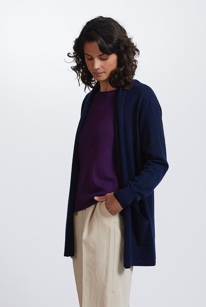 Royal Merino - 100% Merino Open Front Long Cardigan (RM2455) Light Navy.