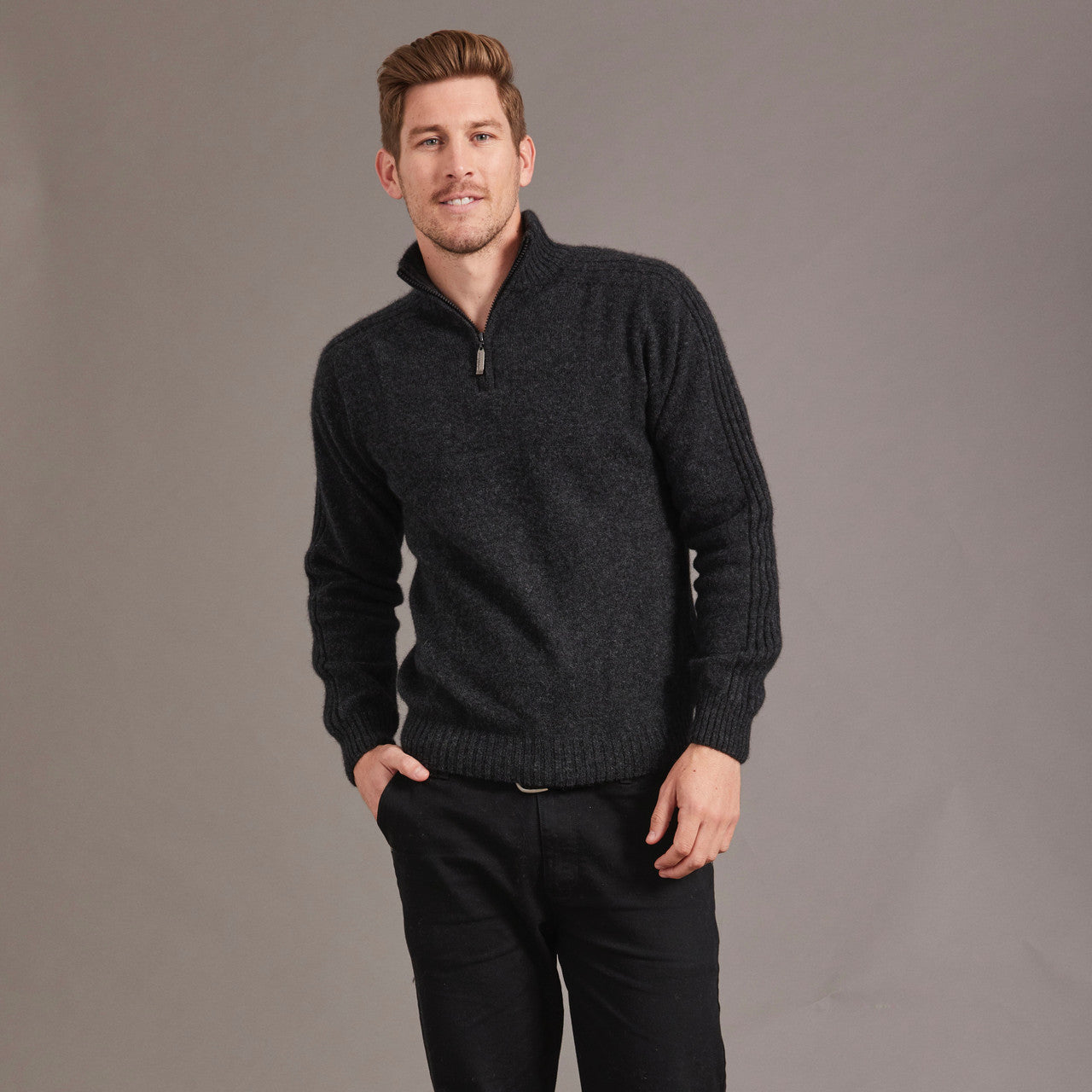 McDonald - Possum & Merino Short Zip Rib Sleeve Sweater (M620) Charcoal
