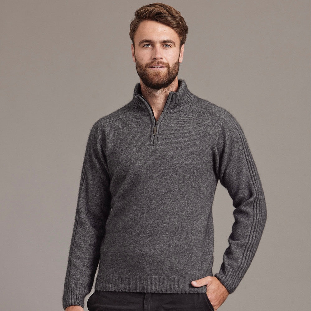 McDonald - Possum & Merino Short Zip Rib Sleeve Sweater (M620) Pewter
