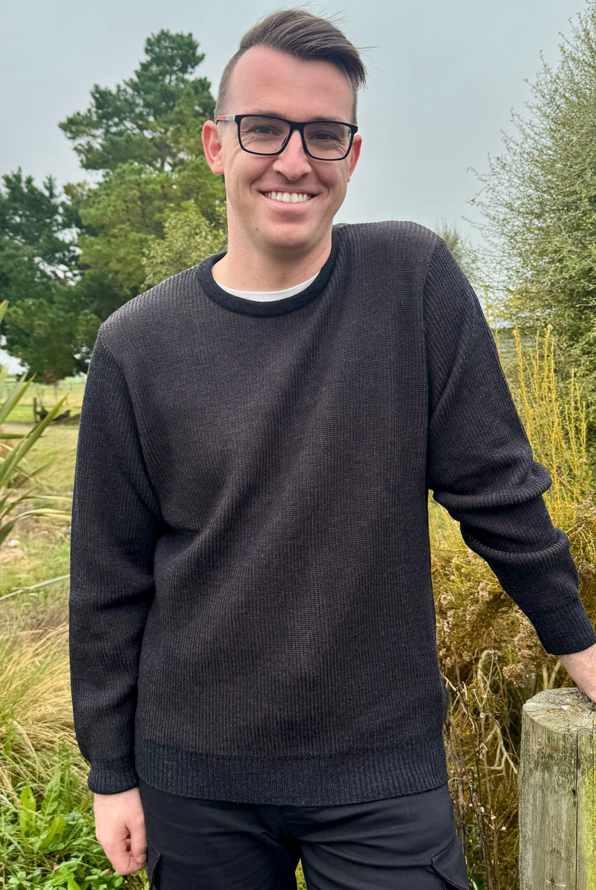 Man wearing Silverdale - Merino Men's Rib Crew Sweater (Sale) (4880-C-SILVERDALE) in Charcoal.