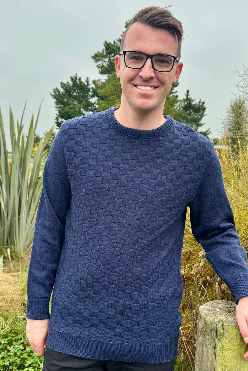 Man wearing Silver Stream - Textured Front Merino Crew Neck Jumper (SM1872) in the colour Denim.