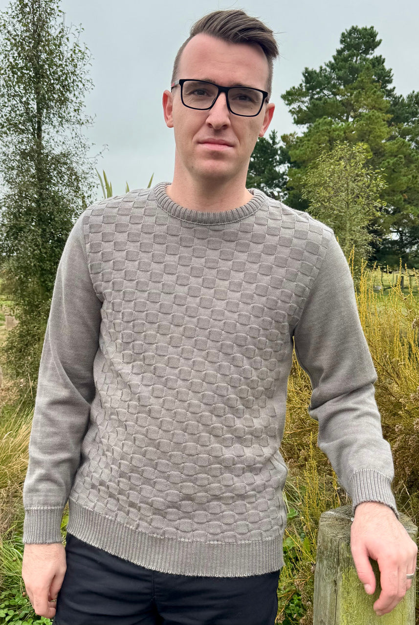 Man wearing Silver Stream - Textured Front Merino Crew Neck Jumper (SM1872) in the colour Mocha.