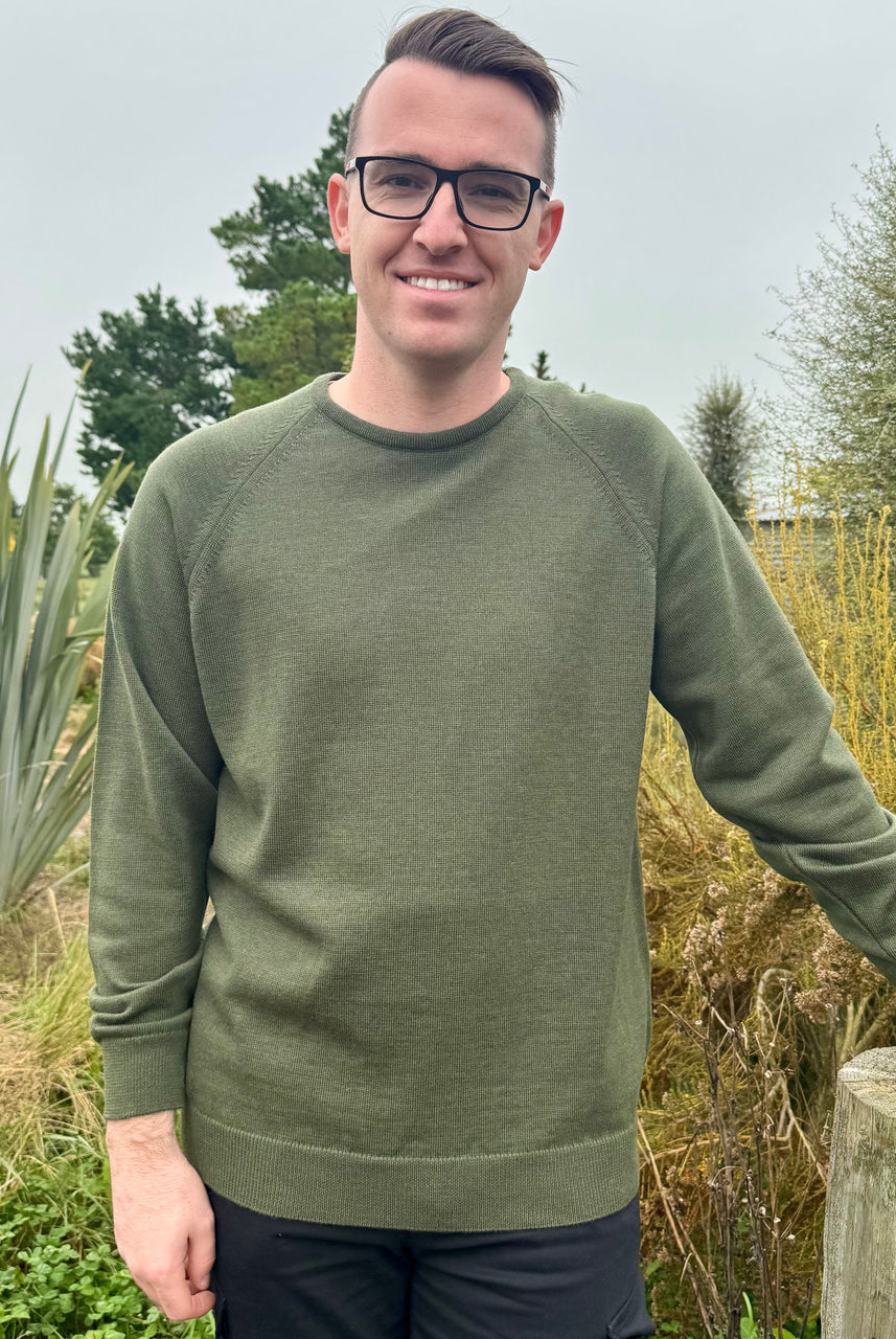 Man wearing Merino Mens Midweight Crew Neck (CL0027) in the colour Olive