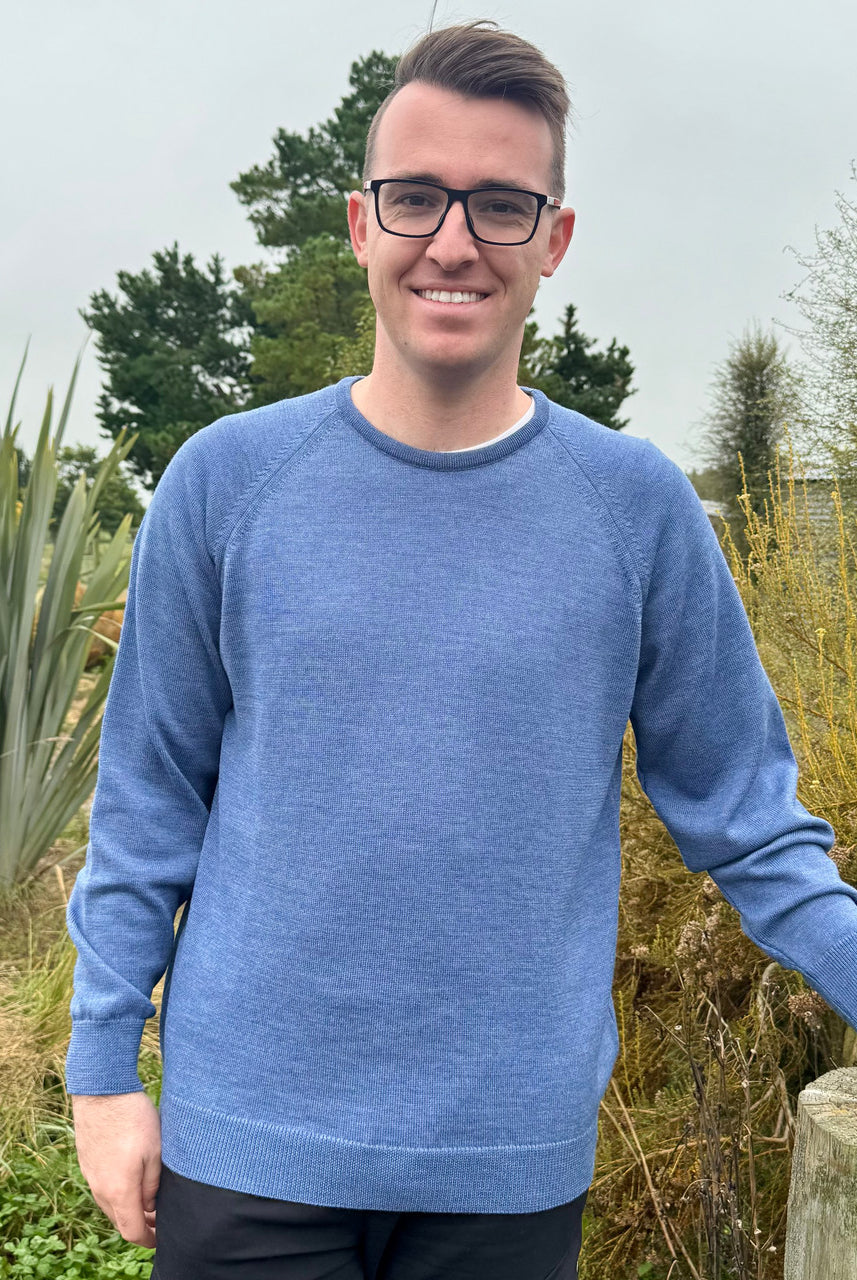 Man wearing Merino Mens Midweight Crew Neck (CL0027) in the colour Denim