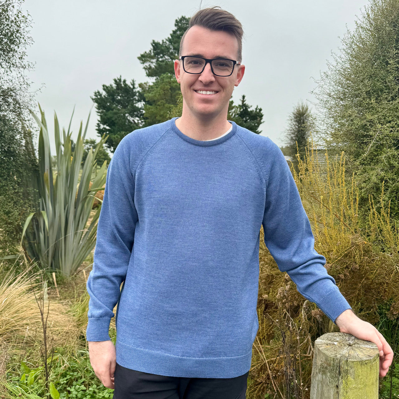 Man wearing Merino Mens Midweight Crew Neck (CL0027) in the colour Denim
