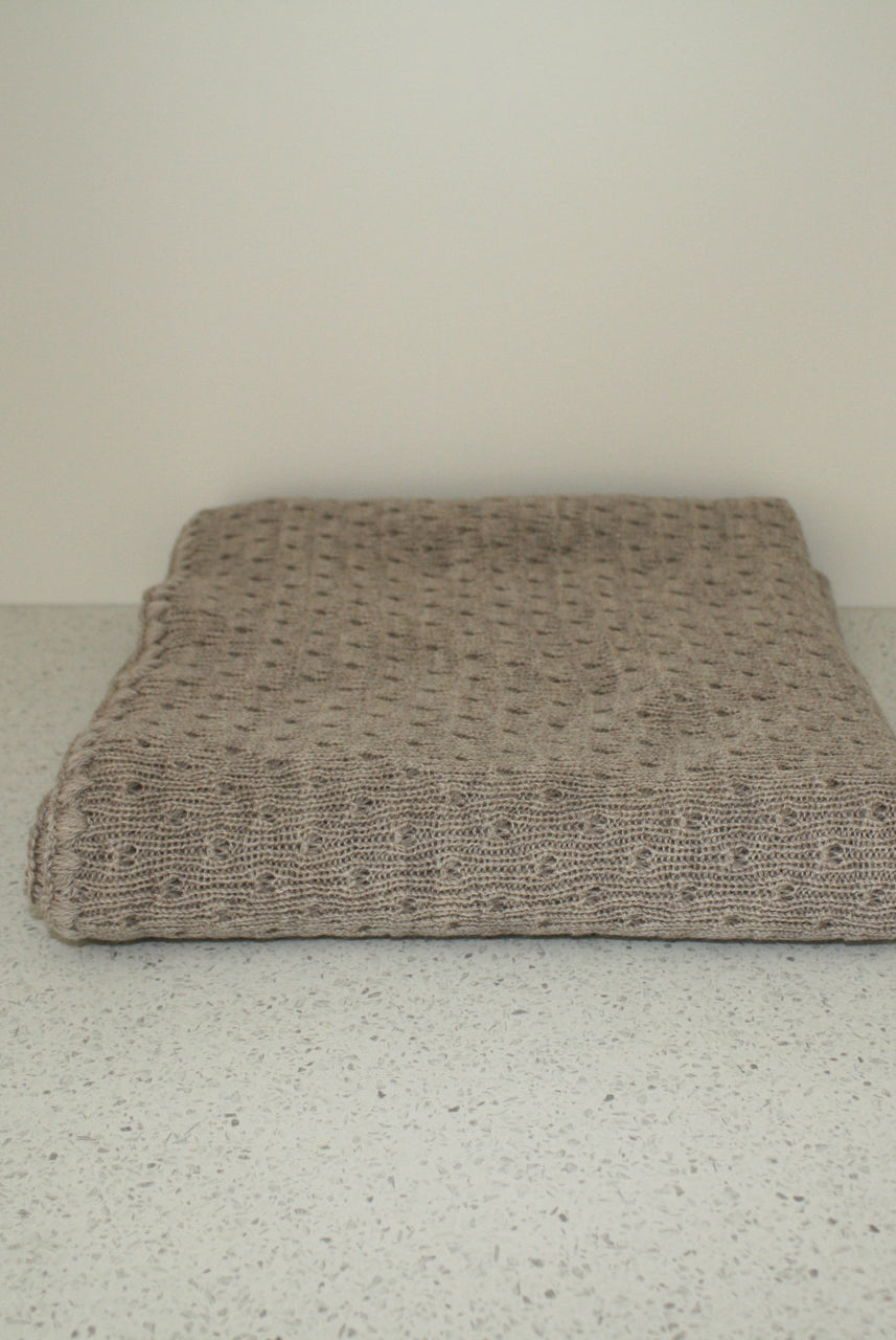 Bauge coloured baby eyelet blanket.