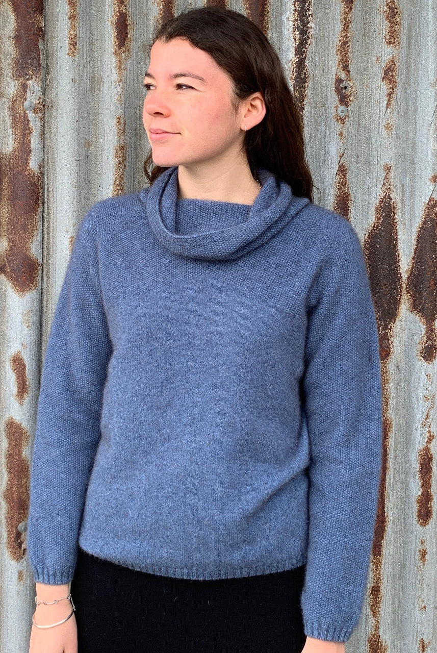 Woman wearing Noble Wilde - Merino & Possum Moss Switch Cowl Jumper (NW3126) in the colour Bahama.