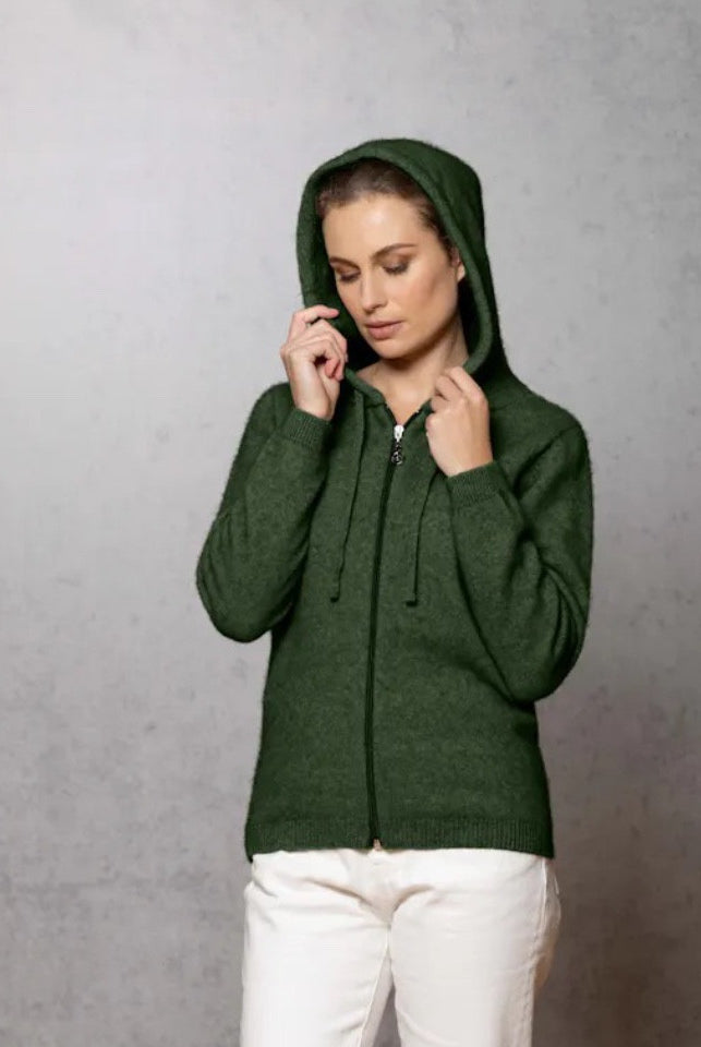 Woman wearing Noble Wilde - Merino and Possum Oulu Hoodie (NW3231) in the colour Jungle.