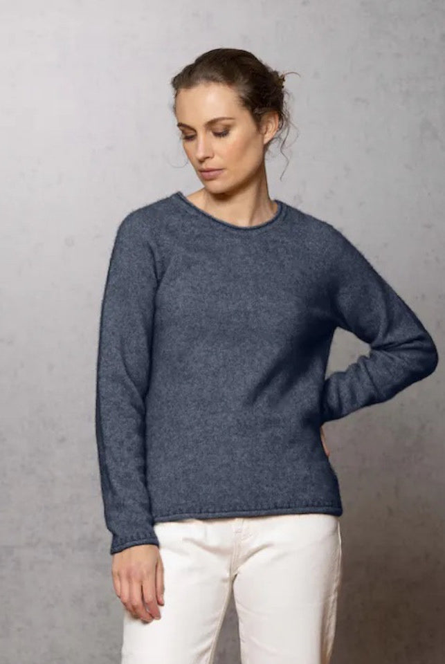 Woman wearing Noble Wilde - Merino and Possum Rutland Raglan Crew (NW3228) in the colour Neptune.