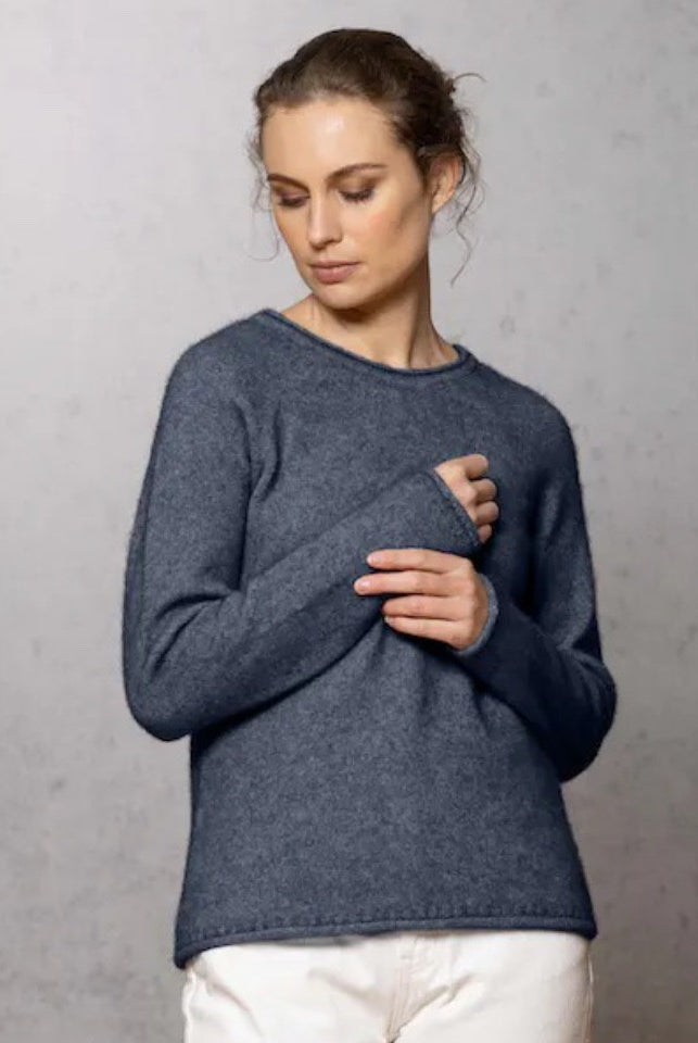 Woman wearing Noble Wilde - Merino and Possum Rutland Raglan Crew (NW3228) in the colour Neptune.