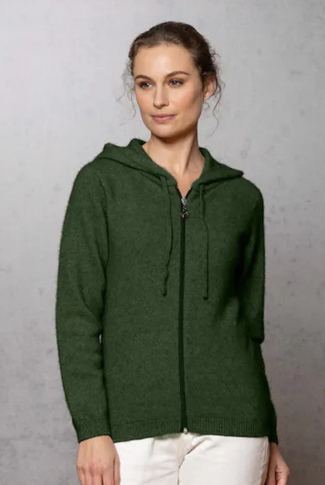 Woman wearing Noble Wilde - Merino and Possum Oulu Hoodie (NW3231) in the colour Jungle.