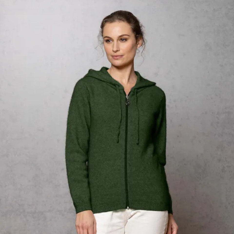 Woman wearing Noble Wilde - Merino and Possum Oulu Hoodie (NW3231) in the colour Jungle.