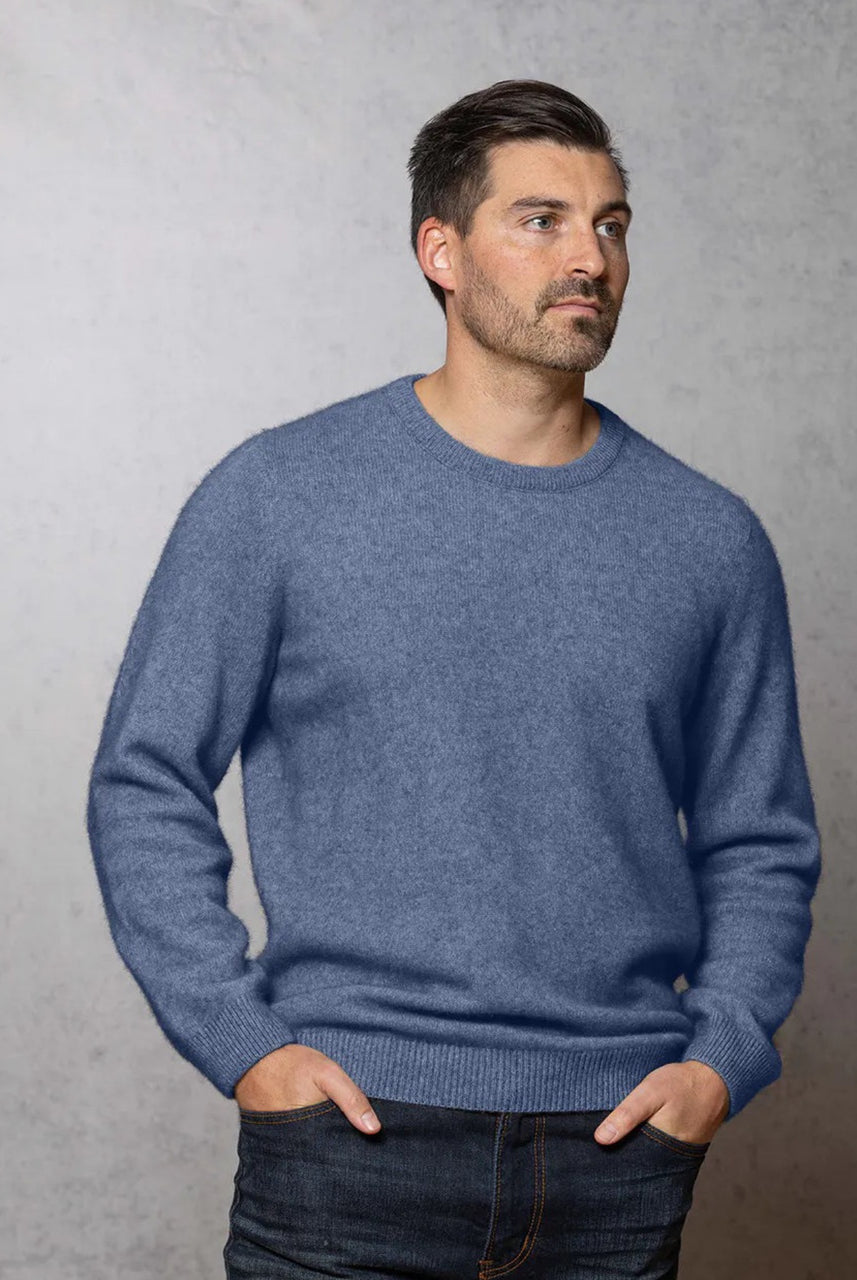 Man wearing the Noble Wilde - Merino & Possum Cambridge Crew Sweater (NW1001) in the colour Bahama.