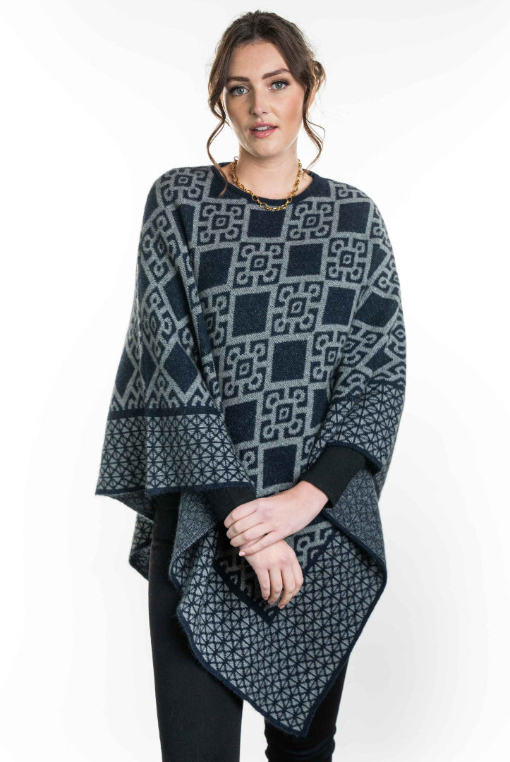 Koru - Merino and Possum Diamond Poncho (KO656) Navy/Mist