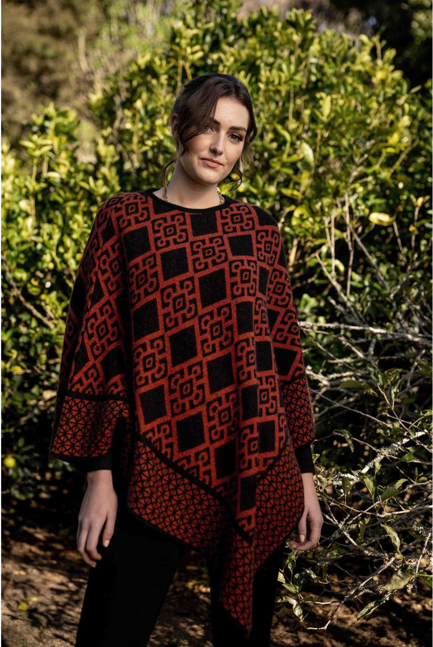 Koru - Merino and Possum Diamond Poncho (KO656) Black/Sienna