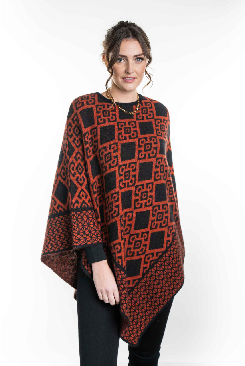 Koru - Merino and Possum Diamond Poncho (KO656) Black/Sienna