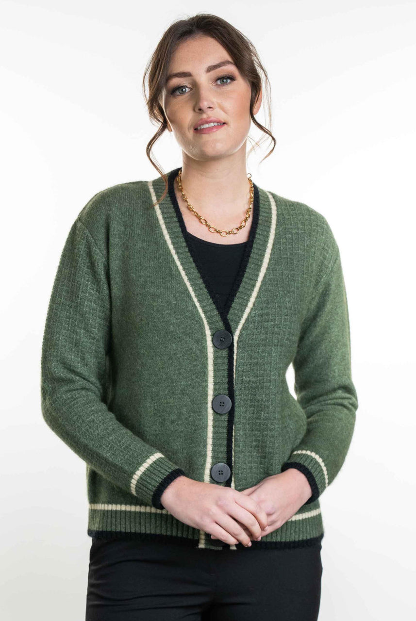 Koru - Merino and Possum Contrast Textured Cardigan (KO561) Moss