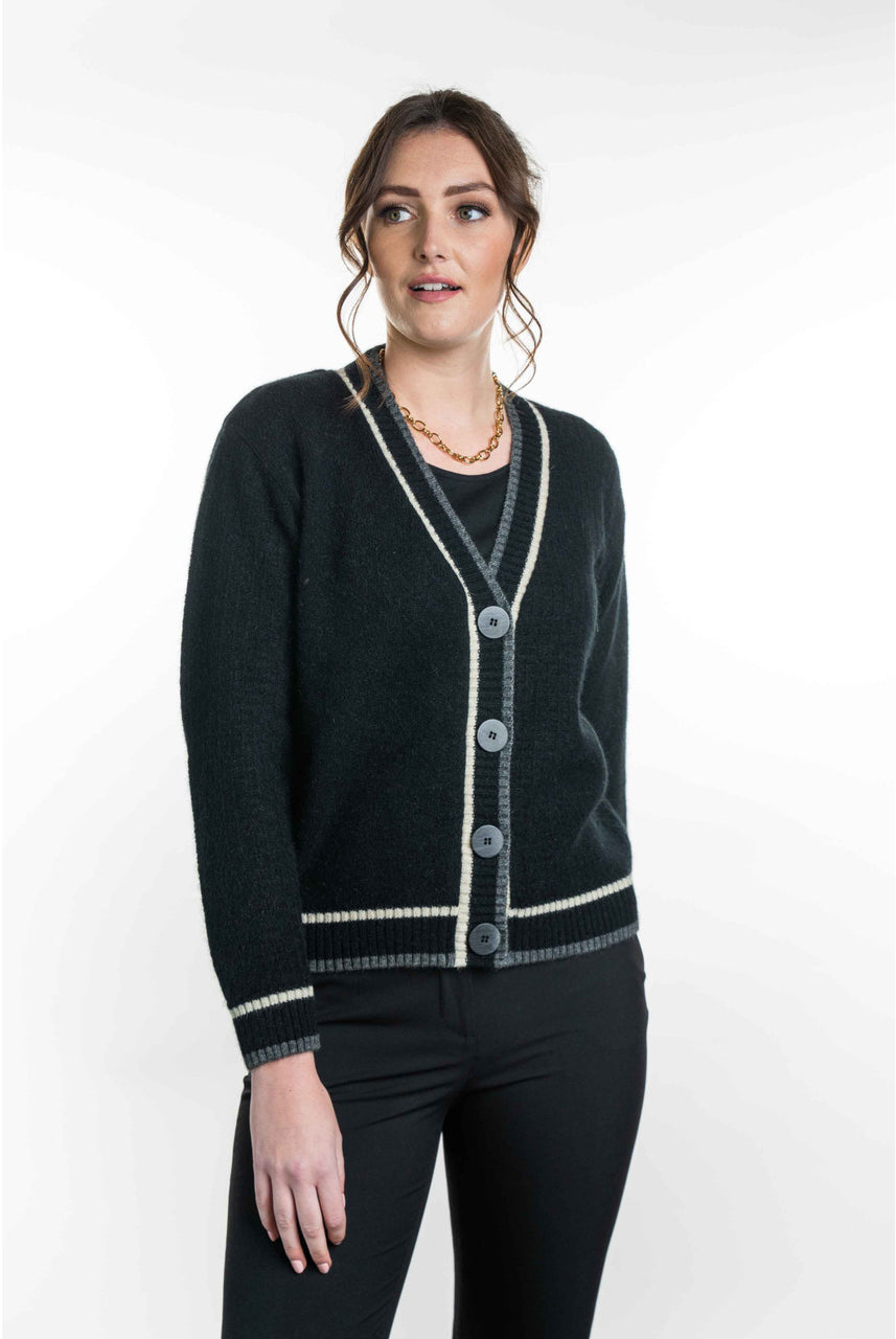 Koru - Merino and Possum Contrast Textured Cardigan (KO561) Black