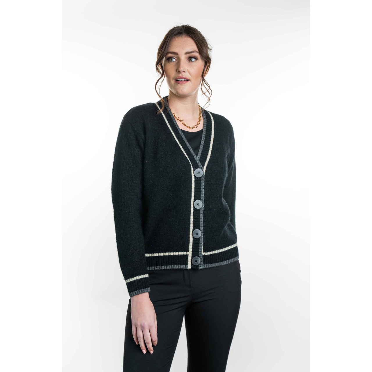 Koru - Merino and Possum Contrast Textured Cardigan (KO561) Black