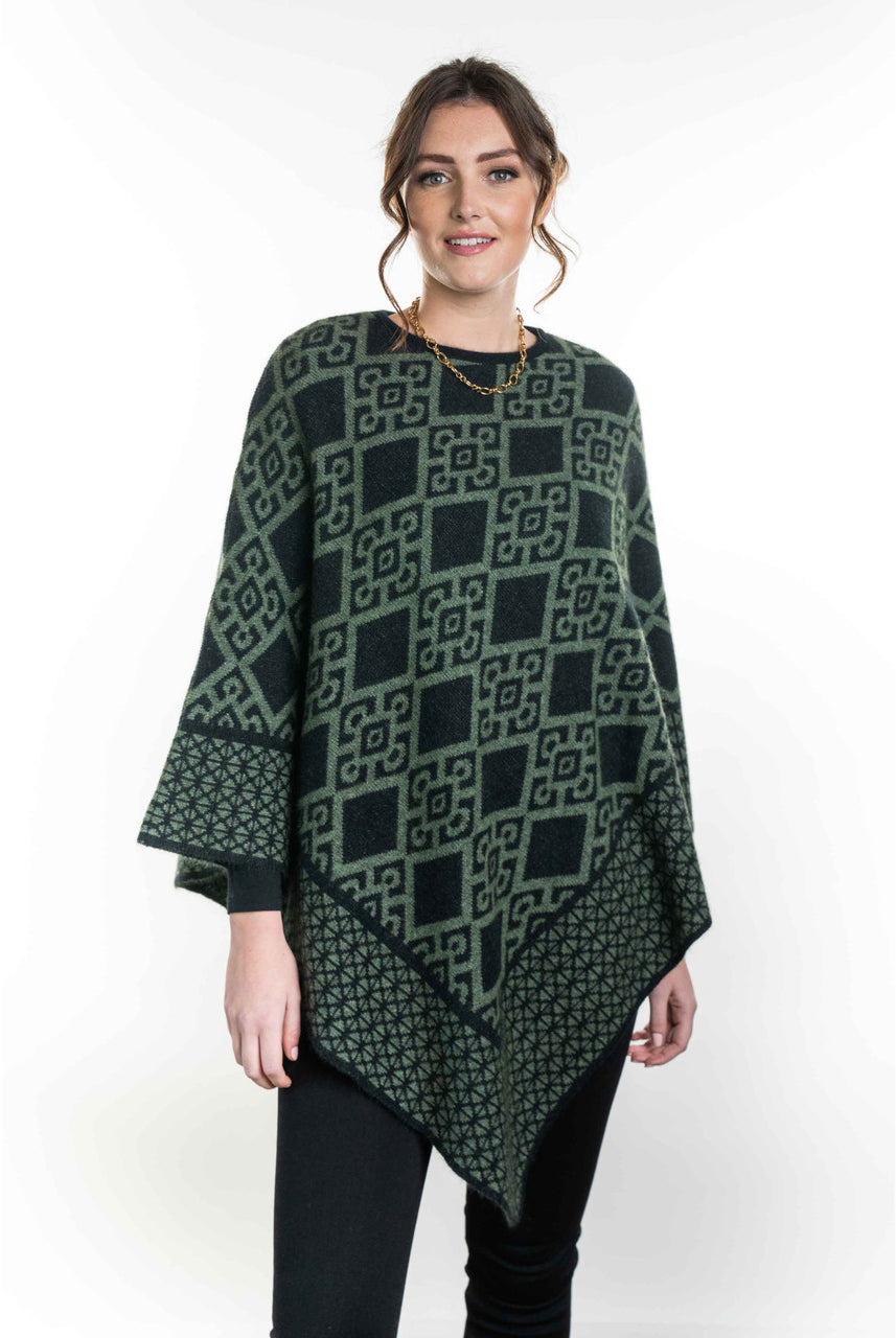 Koru - Merino and Possum Diamond Poncho (KO656) Black/Moss