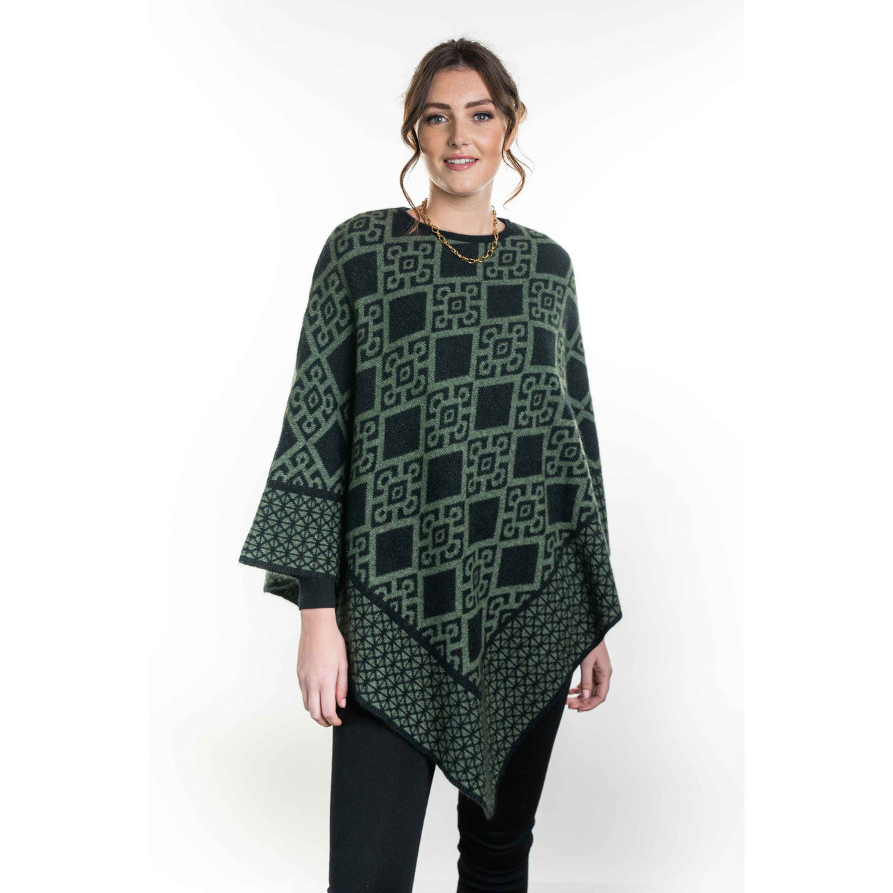 Koru - Merino and Possum Diamond Poncho (KO656) Black/Moss