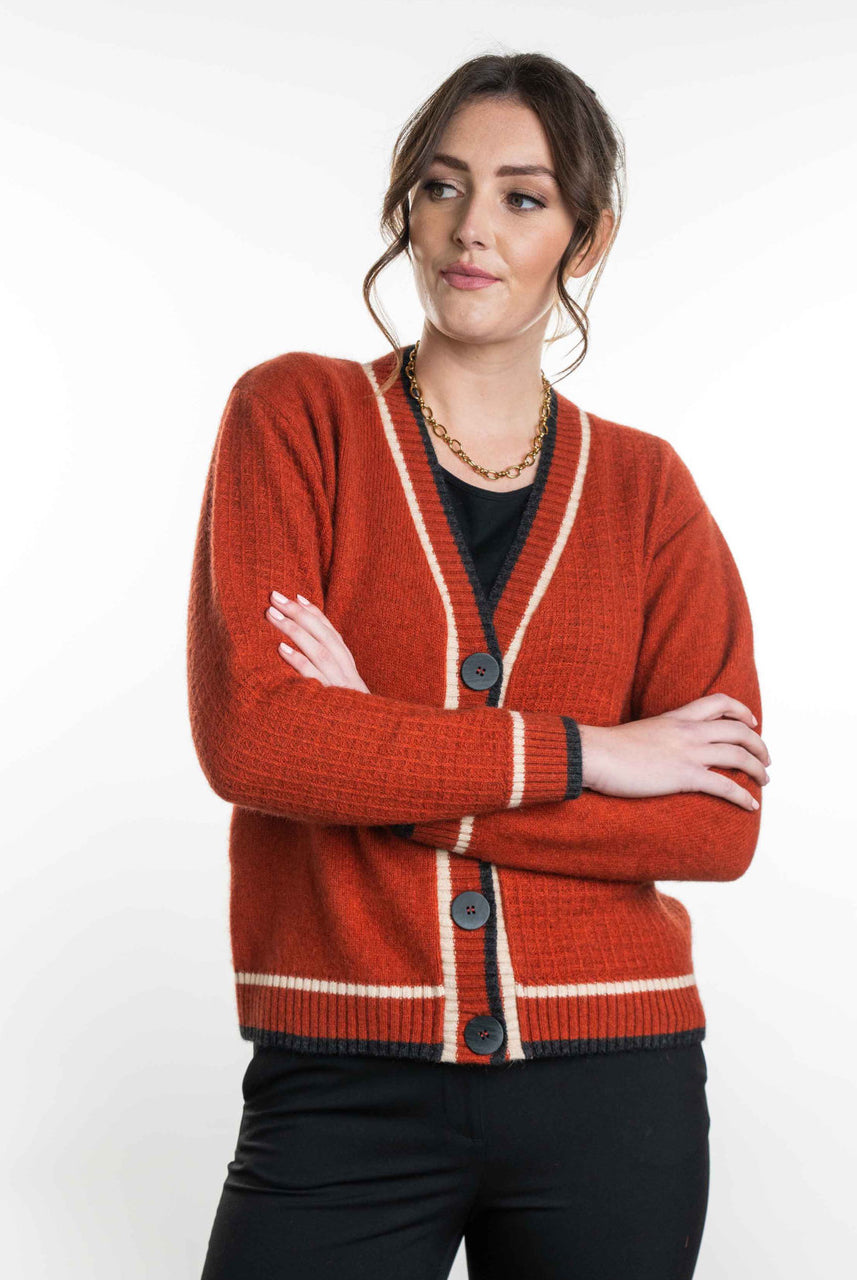 Koru - Merino and Possum Contrast Textured Cardigan (KO561) Sienna