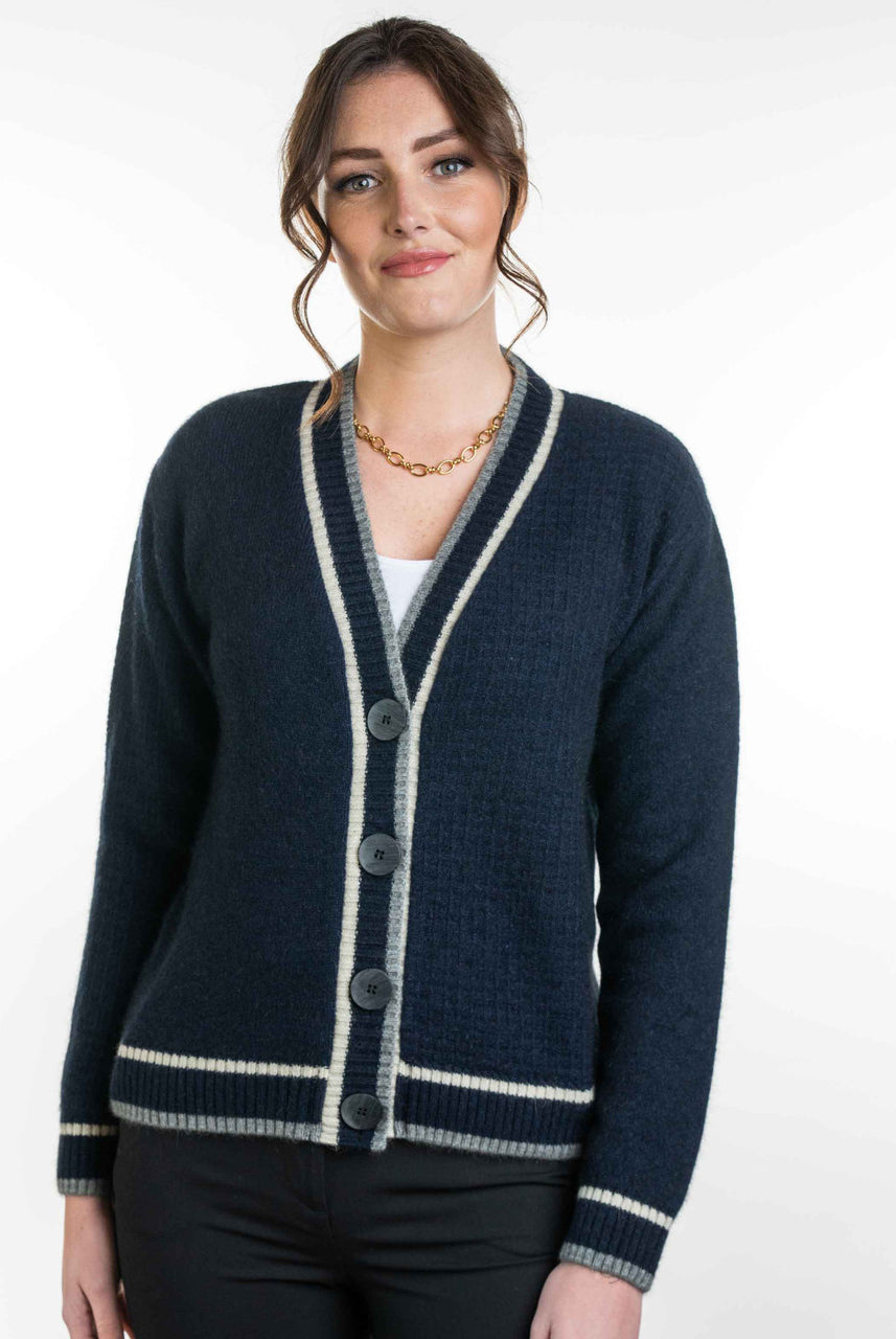 Koru - Merino and Possum Contrast Textured Cardigan (KO561) Navy