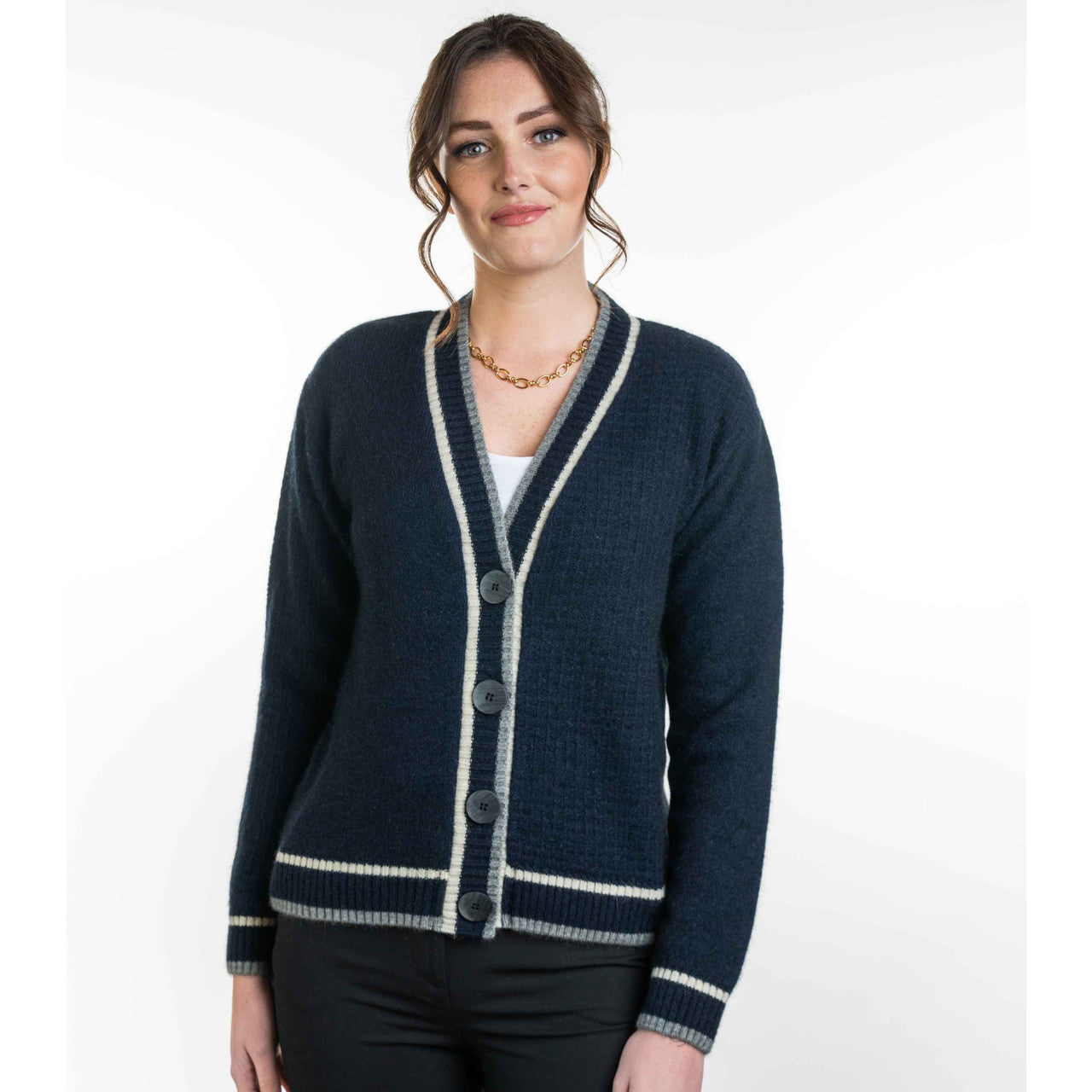 Koru - Merino and Possum Contrast Textured Cardigan (KO561) Navy