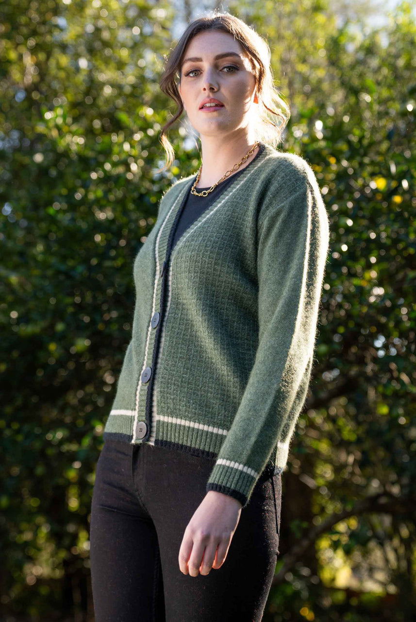 Koru - Merino and Possum Contrast Textured Cardigan (KO561) Moss