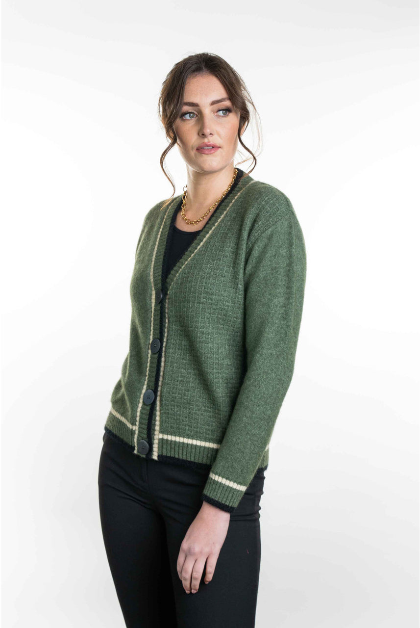 Koru - Merino and Possum Contrast Textured Cardigan (KO561) Moss