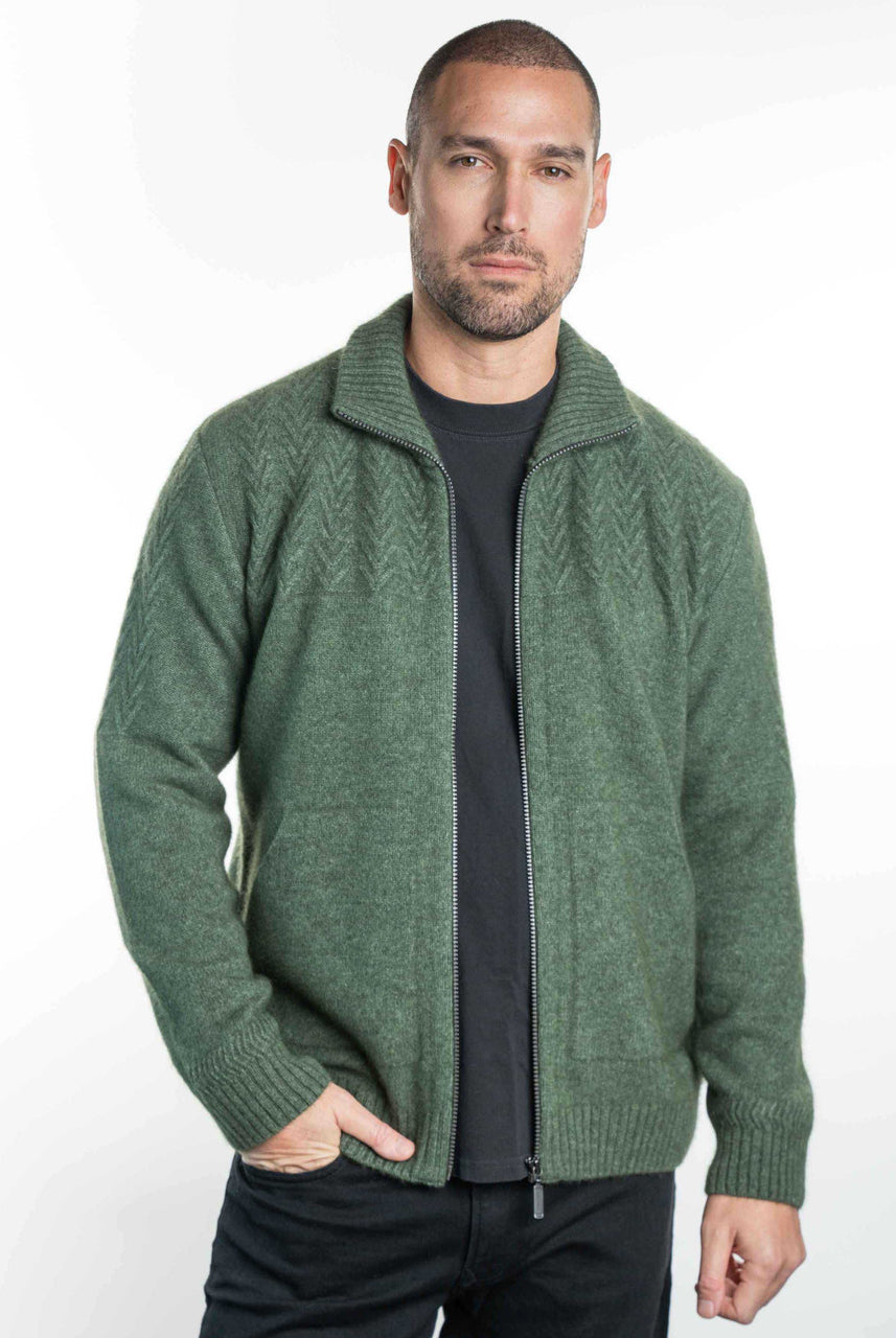 Koru - Merino and Possum Men's Chevron Zip Jacket (KO873) Moss