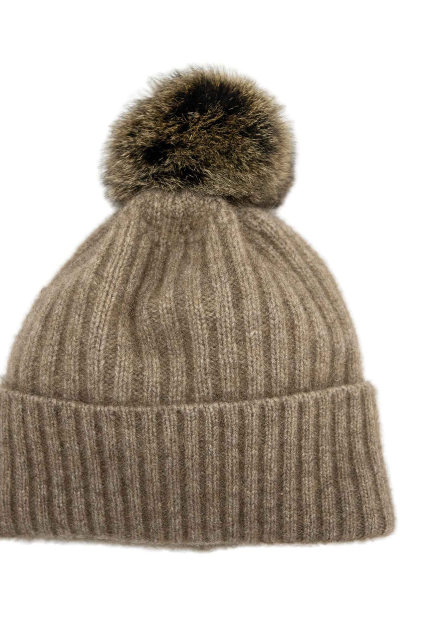 Koru Merino - Possum Fur Pom Pom Beanie (KO2013) Mocha/Snowtip