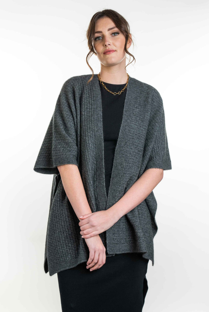 Koru - Merino and Possum Zig Zag Textured Cape (KO553) Grey