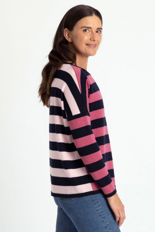 Royal Merino - 100% Merino Striped Drop Shoulder Jumper (RM2592) Geranium