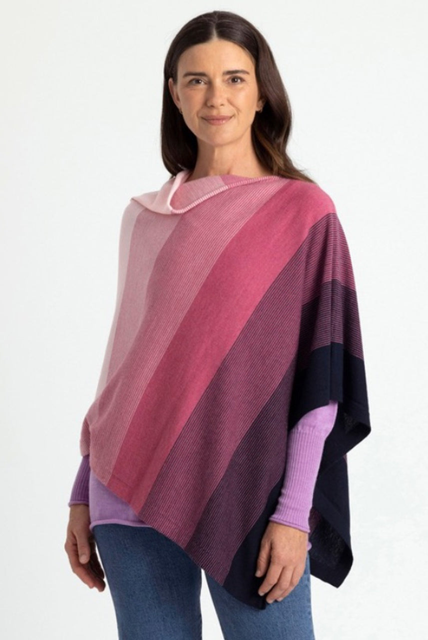 Royal Merino - 100% Merino Graduated Stripe Poncho (RM2341) Geranium