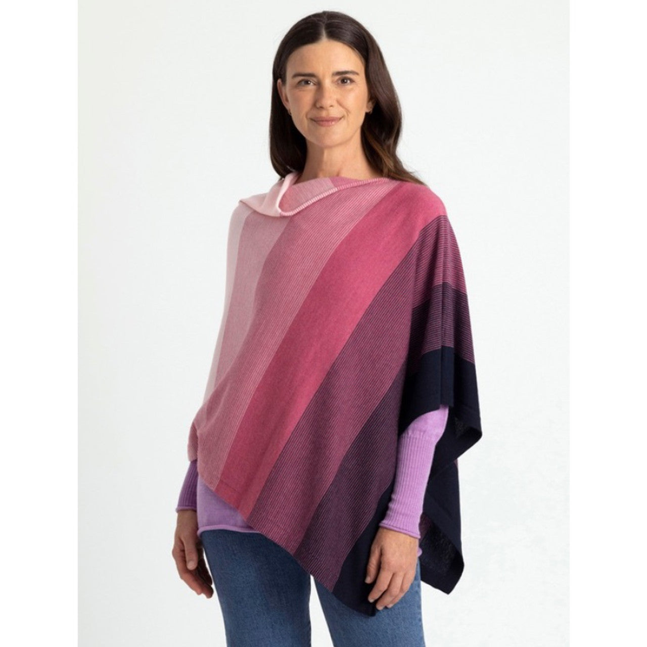 Royal Merino - 100% Merino Graduated Stripe Poncho (RM2341) Geranium
