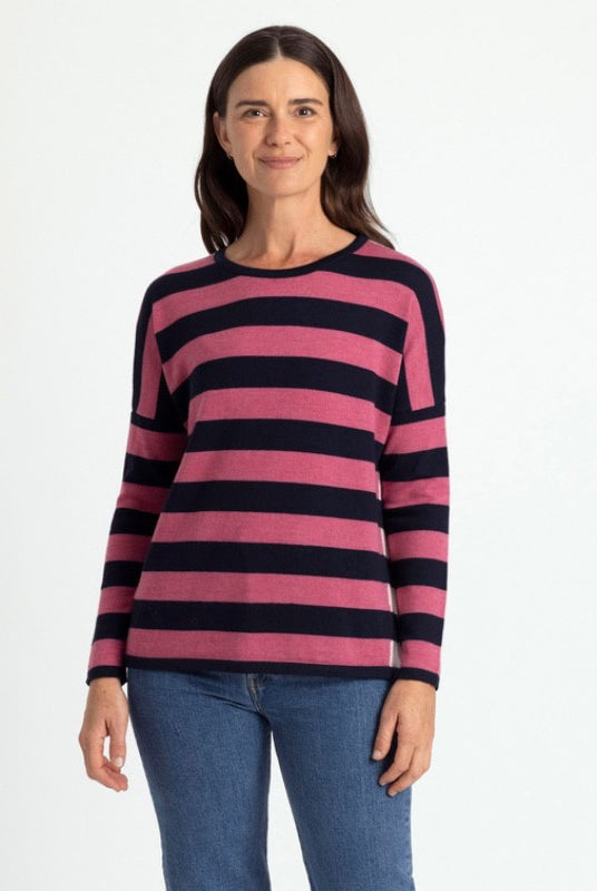 Royal Merino - 100% Merino Striped Drop Shoulder Jumper (RM2592) Geranium