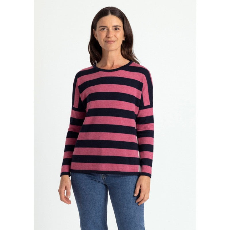 Royal Merino - 100% Merino Striped Drop Shoulder Jumper (RM2592) Geranium