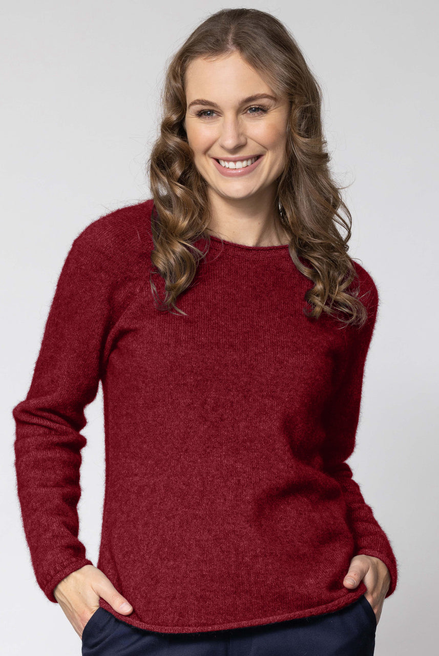 Woman wearing Noble Wilde - Merino and Possum Rutland Raglan Crew (NW3228) in the colour Sangria.