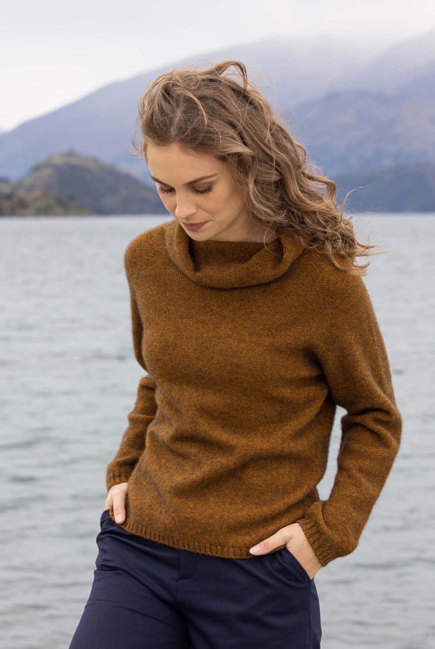 Woman wearing Noble Wilde - Merino & Possum Moss Switch Cowl Jumper (NW3126) in the colour Tahiti.