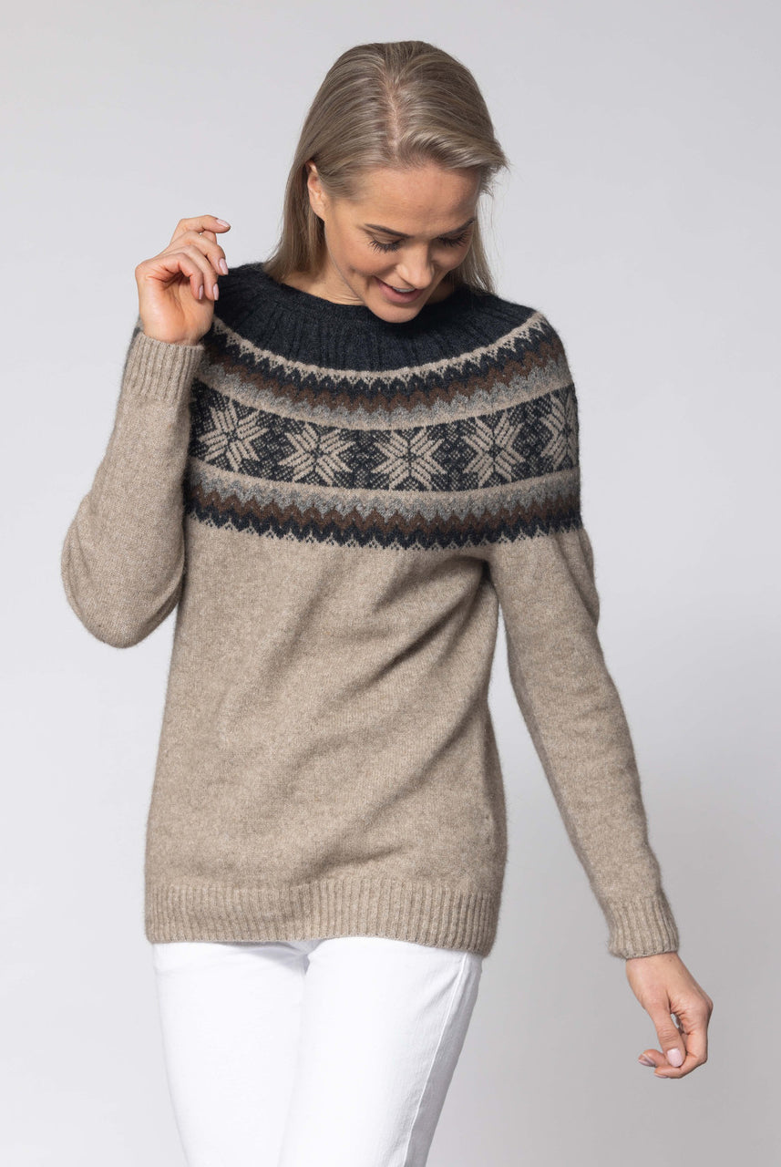 Woman wearing Noble Wilde - Merino & Possum Norwdarn Sweater (NW3177) in the colour Oyster Base