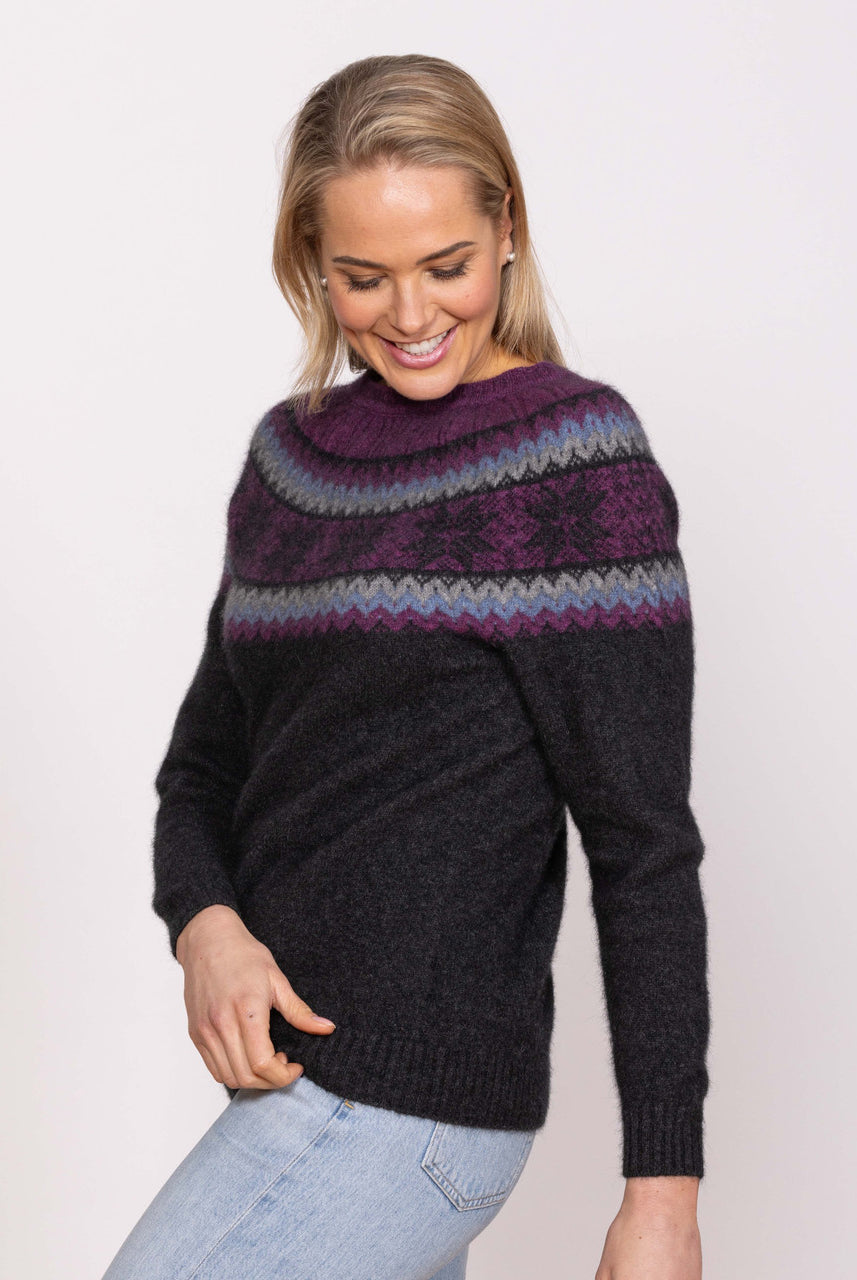 Woman wearing Noble Wilde - Merino & Possum Norwdarn Sweater (NW3177) in the colour Twilight Base