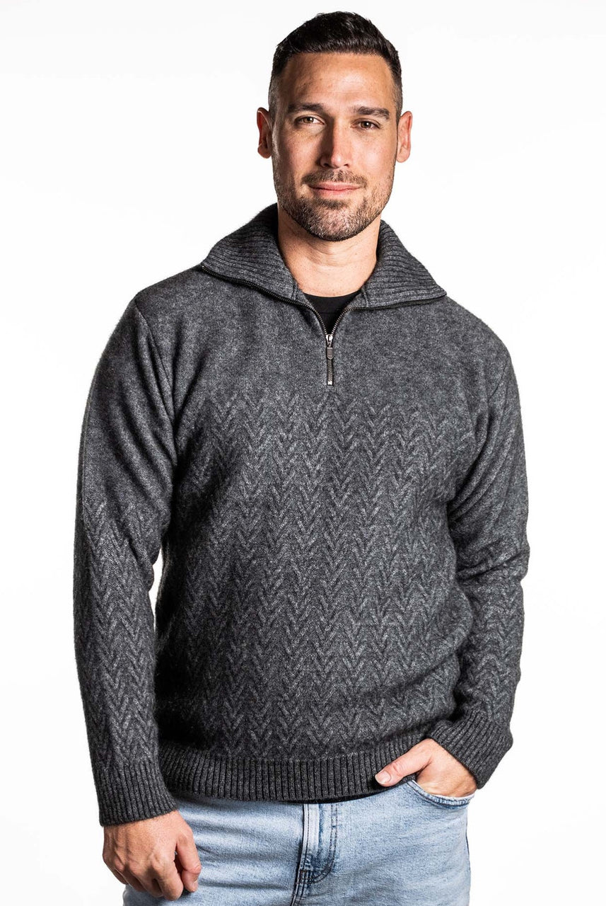 Koru - Merino - Possum Chevron Zip Jumper (Grey)